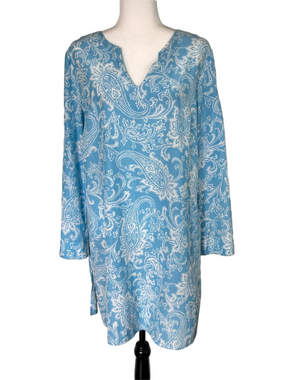 J. McLaughlin Silk Cotton Paisley Tunic Dress Large Blue Coastal Bell Sleeve